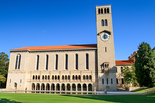 Perth, Australia - April 18, 2022: Winthrop Hall and Clock Tower at the University of Western Australia