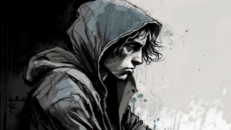 animation of sad looking depressed young man in a hoodie. mental health concept.