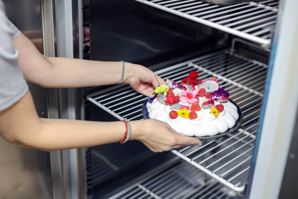 femme mettant un gâteau dans un réfrigérateur - baking cake making women photos et images de collection