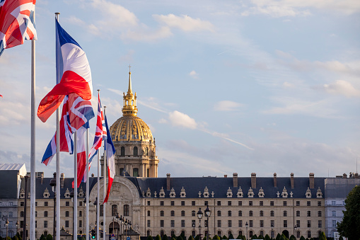 French flags and British flags outside The Hôtel des Invalides. The two nation's flags were there for the state visit of King Charles III to Paris on September 20th 2023.