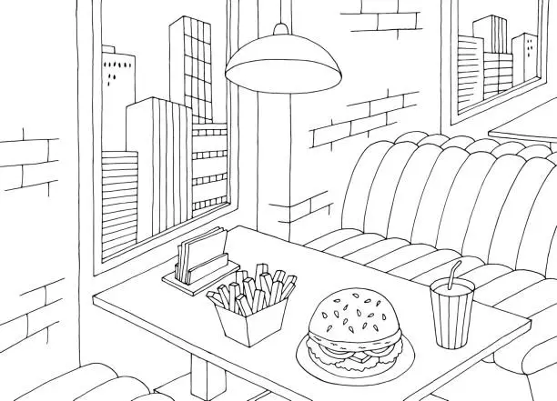 Vector illustration of American diner interior graphic black white sketch illustration vector