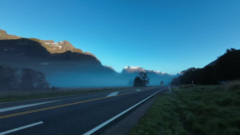 The Road trip view of travel scene and foggy in the morning with sunrise sky scene at fiordland national park