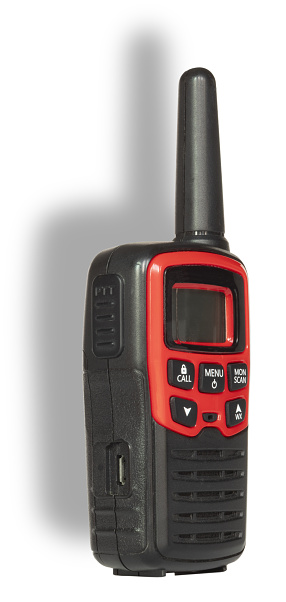 Drop shadow behind a walkie-talkie with antenna that works on both FRS and GMRS frequencies that is red and black with an LCD display.