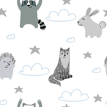 Vector forest wildlife seamless pattern with animals. Cute cartoon characters.