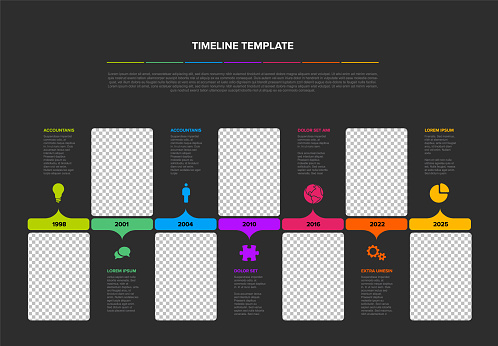 Vector multipurpose simple dark progress timeline steps template with descriptions, icons and photo placeholders - universal minimalistic infochart time line layout
