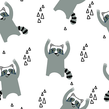 Vector forest wildlife seamless pattern with raccoon. Cute cartoon characters.