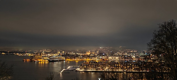 View of Oslo and the Oslo fjord at night from the Ekerberg