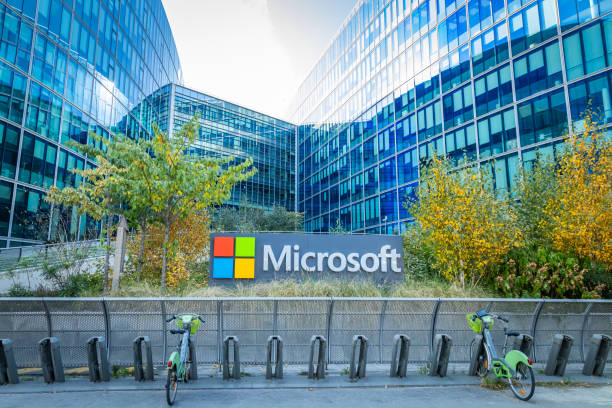 Microsoft sign at the headquarters building in Issy-Les-Moulineaux, France Issy-les-Moulineaux, France - September 09, 2023 : Microsoft sign at the headquarters building in Issy-Les-Moulineaux, France bill gates stock pictures, royalty-free photos & images