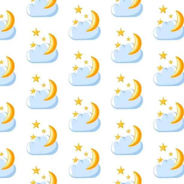 Vector illustration of Cloud with moon and stars seamless pattern. Cartoon style. Design for children bedroom, bed linen, packaging. Vector illustration on a white background.