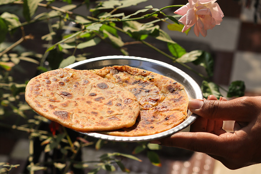 Aloo paratha or gobi paratha also known as Potato or Cauliflower stuffed flatbread dish. potato stuffed flat bread. North Indian famous food Aloo Paratha in green background