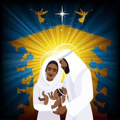 Nativity Scene. The Birth of Christ. Three wise men. Christmas scene. The Holy Family - Mary cradling the child, Joseph by her side - illustrated as individuals of African heritage.