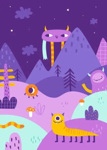 Vector illustration of Poster with cute monsters in the mountain valley. Magical print with cartoon monster world.