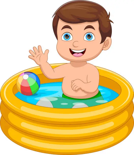 Vector illustration of little boy playing in inflatable pool cartoon