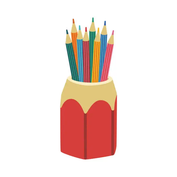 Vector illustration of Desktop stand with colorful pencils.