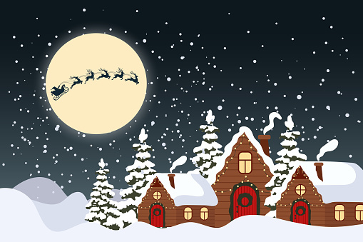 Winter landscape with cute houses and Santa on a sleigh with reindeer in night sky. Merry Christmas greeting card template. Illustration in flat style