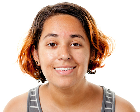 Portrait of a young woman on a white background.http://s3.amazonaws.com/drbimages/m/aprsie.jpg