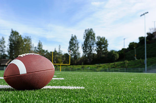 Close-up of a football on a field with view of the goalpost A football on a field pigskin stock pictures, royalty-free photos & images