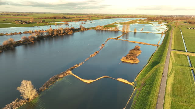 Ijssel river flood over the floodplains seen from above