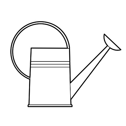 Watering can for the garden. Design element. Black and white outline illustration