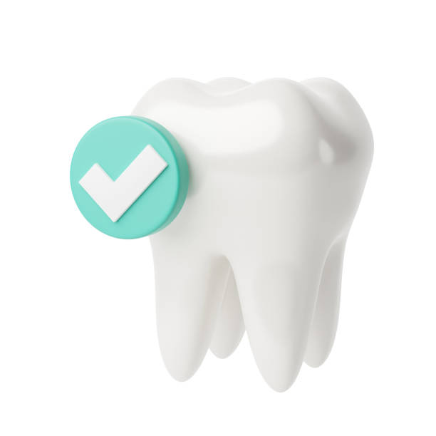 White tooth with a check mark in a green circle. 3d render. isolated on white.