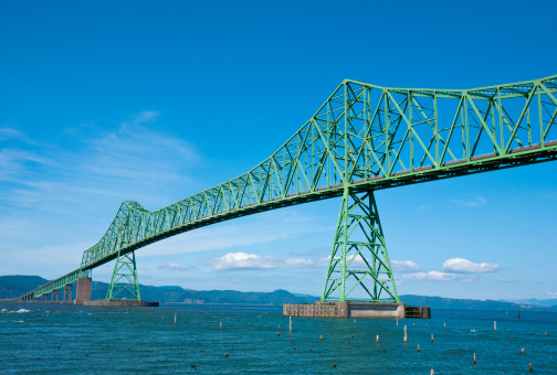 View of the Astoria Bridge over the Columbia River between Oregon and Washington State on a sunny summer day