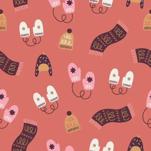 Vector illustration of Christmas seamless pattern with scarf, mittens, hat on pink background