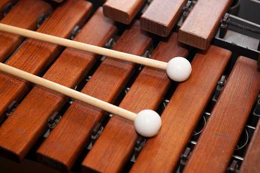 Close-up of two mallets, resting on the rosewood bars of a Xylophone.