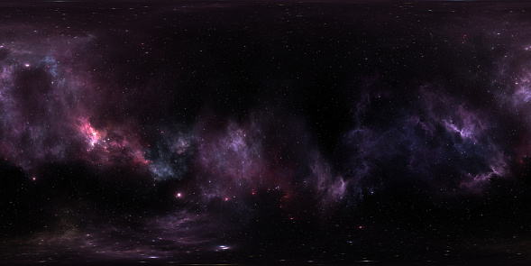 Space background with purple nebula and stars. Panorama, environment 360 HDRI map. Equirectangular projection, spherical panorama. 3d illustration