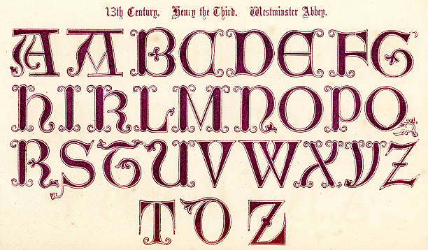 13th Century Style Alphabet Vintage engraving of the alphabet in an 13th century medieval style from the Book of Ornamental Alphabets by  F.G. Delamotte published in 1879 now in the public domain antique illustration of ornate letter f stock illustrations
