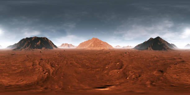 istock 360 Equirectangular projection of Mars sunset. Martian landscape, HDRI environment map. Spherical panorama. 3d illustration 1837544789