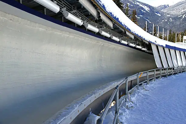 "The Whistler Sliding Centre track in winter. The track is outfitted for bobsleigh, luge, and skeleton and is located in Whistler, British Columbia. It was designed for the 2010 winter Olympics."