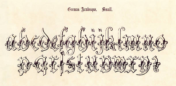 Retro German Arabesque Script Vintage engraving of the alphabet in a 17th century German Arabesque style from the Book of Ornamental Alphabets by  F.G. Delamotte published in 1879 now in the public domain antique illustration of ornate letter f stock illustrations