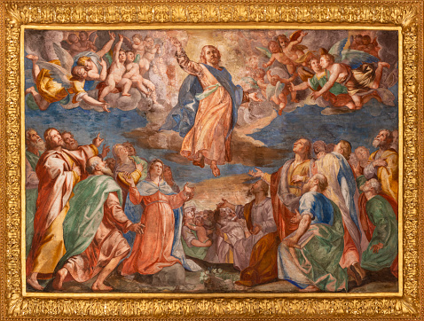 Genova - The fresco of Ascension of the Lord in the church Chiesa del Gesu by Giovanni Battista and his brother Giovanni Carlone from 17. cent.