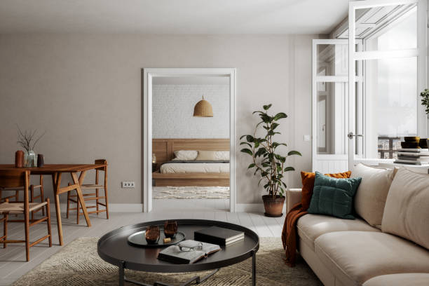 interieur einer wohnung im skandinavischen stil - haus skandinavien stock-fotos und bilder