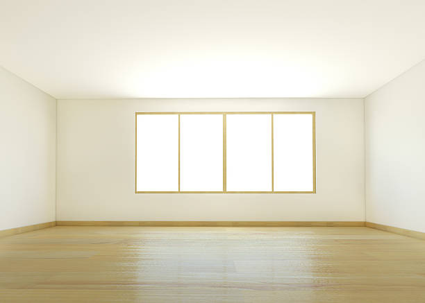 An empty white room with wooden flooring empty room presentation with big window and three frames wide window stock pictures, royalty-free photos & images