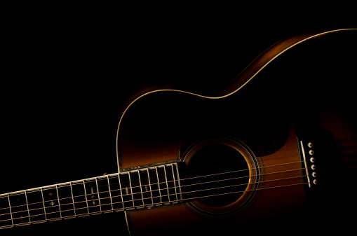 Classical guitar on a black background with copy space