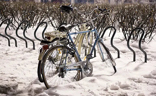 Photo of Bicycles in the snow at dusk.