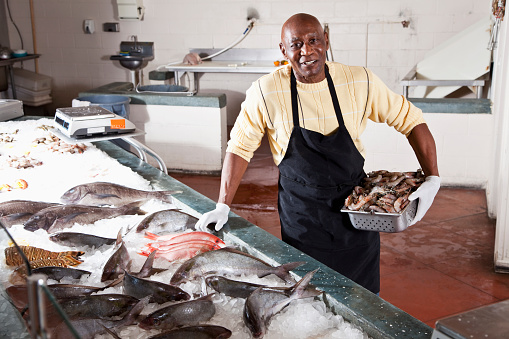 Small business owner - African American man holding tray of raw shrimp by display of fresh fish on ice