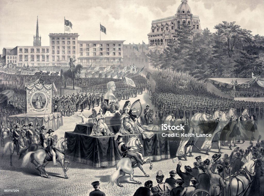 St. Patrick's Day in America This vintage engraving depicts a St. Patrick's Day parade in New York City. Irish Culture stock illustration