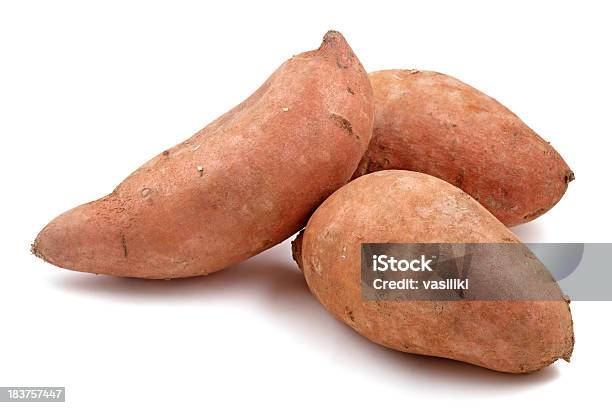 Closeup Of Three Raw Sweet Potatoes Stock Photo - Download Image Now - Sweet Potato, Yam, Cut Out
