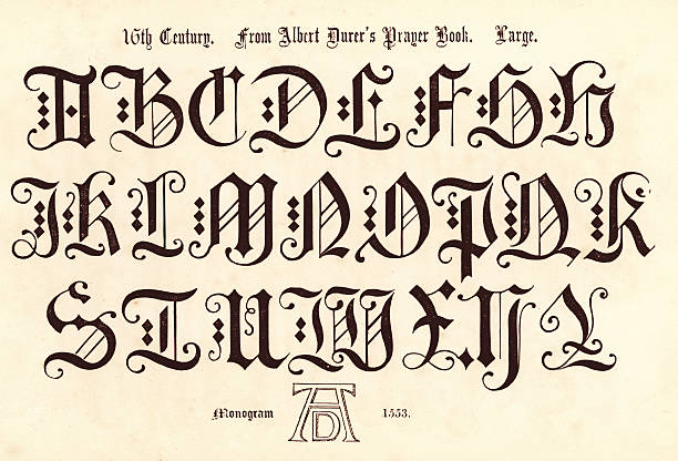 illustrazioni stock, clip art, cartoni animati e icone di tendenza di alfabeto in stile del xvi secolo - letter n alphabet calligraphy text