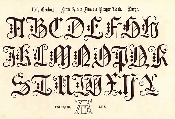 16th Century Style Alphabet Vintage engraving of the alphabet in a 16th century medieval style from the Book of Ornamental Alphabets by F.G. Delamotte published in 1879 now in the public domain letter d script pics stock illustrations