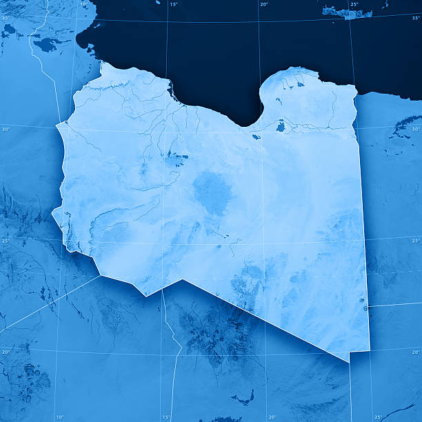 Libya Topographic Map 3D render and image composing: Topographic Map of the State of Libya Including country borders, rivers and accurate longitude/latitude lines. High quality relief structure! libya stock pictures, royalty-free photos & images