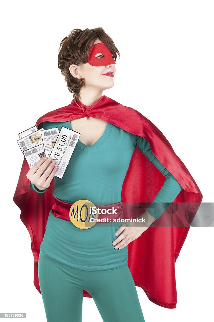 Superhero Mom Holding Coupons An isolated image of a superhero mom in a confidant pose holding coupons.Fake coupons were created by the photographer. Humor Stock Photo