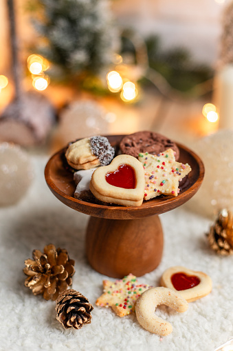 Homemade Christmas cookies in cozy kitchen with variety of biscuits and cookies
