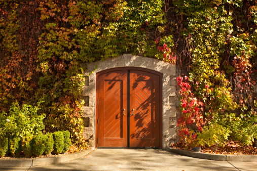 Fall entrance door on a winery building in Napa Valley California USAFall entrance door on a winery building in Napa Valley California USA