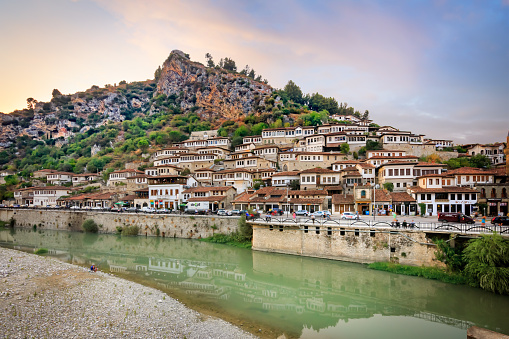 Skyline of the old city of Berat with its traditional ancient houses, in Albania.