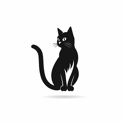 Sitting cat, black and white illustration.