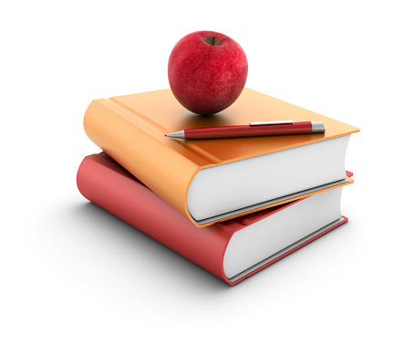 Stack of Books with an Apple and Pen.
