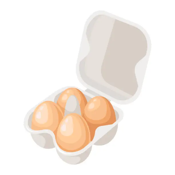 Vector illustration of Brown chicken eggs in an open cardboard box. Four eggs in a box. A container or tray for storing eggs